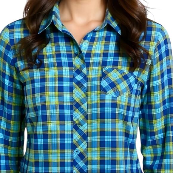 Under Armour NW0T Women's Plaid Button Up Long Sleeve Shirt Semi Fitted Blue - Picture 2 of 8